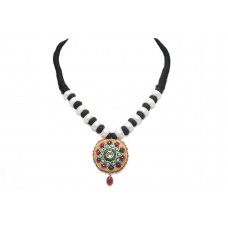 Women necklace silver gold rhodium glass pearl stone tribal black thread C 474